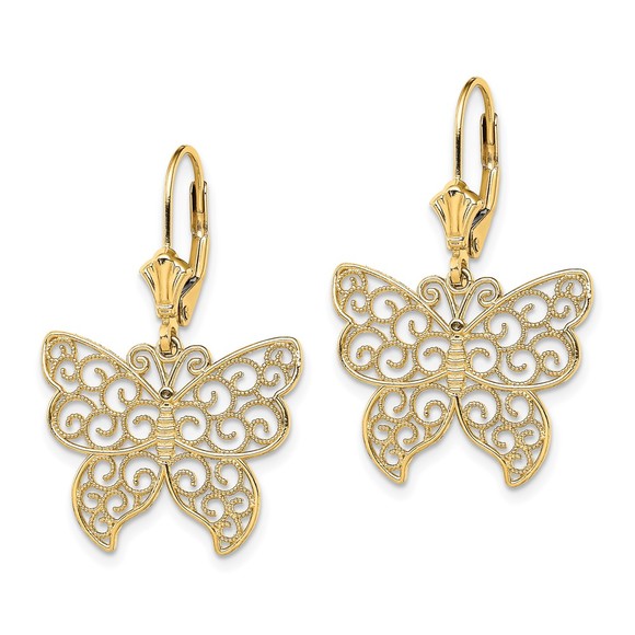 14k Yellow Genuine Gold Butterfly with Beaded Filigree Wings Leverback Earrings - Picture 2 of 4